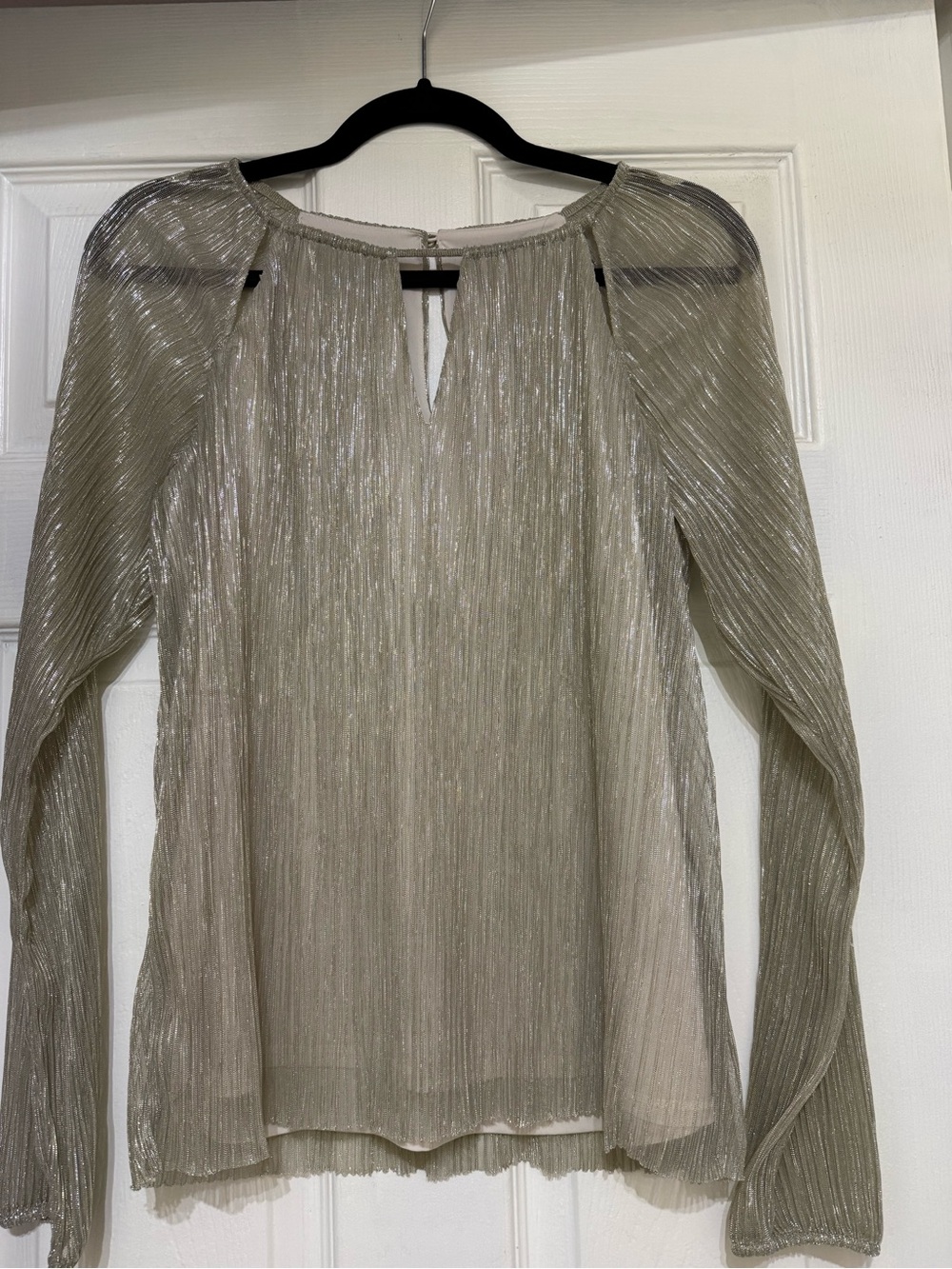 White House Black Market silver and gold crinkle top.